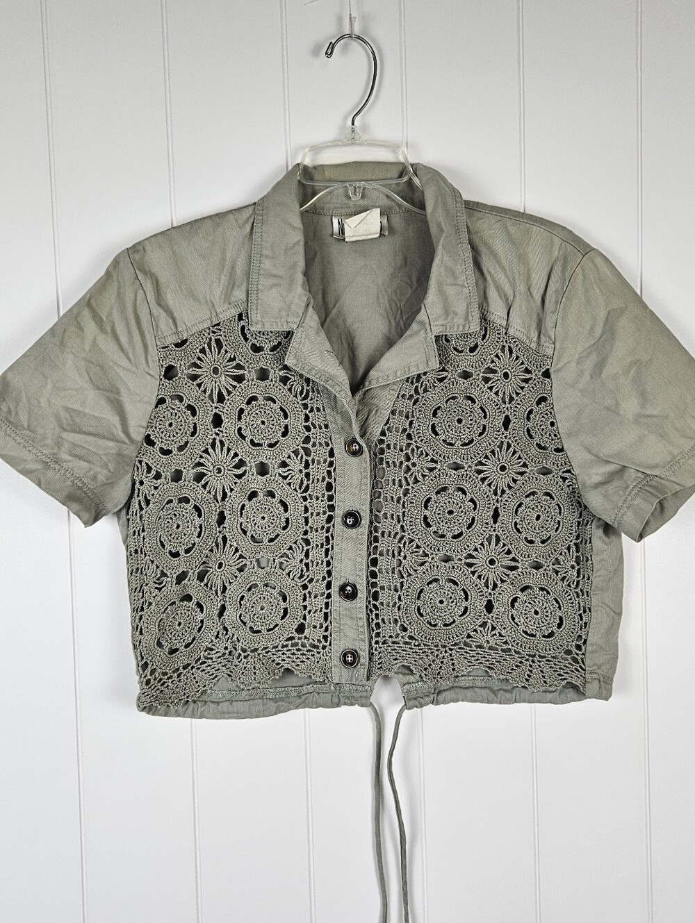 Vintage 90s Crochet Jacket Crop Green Denim Cotton Button Up Short Sleeve Womens